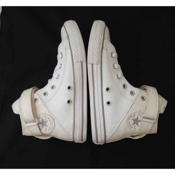 Converse All Star BREA Kids White Leather Hi Top Strap Sneakers Junior Size 2 - Picture 5 of 10